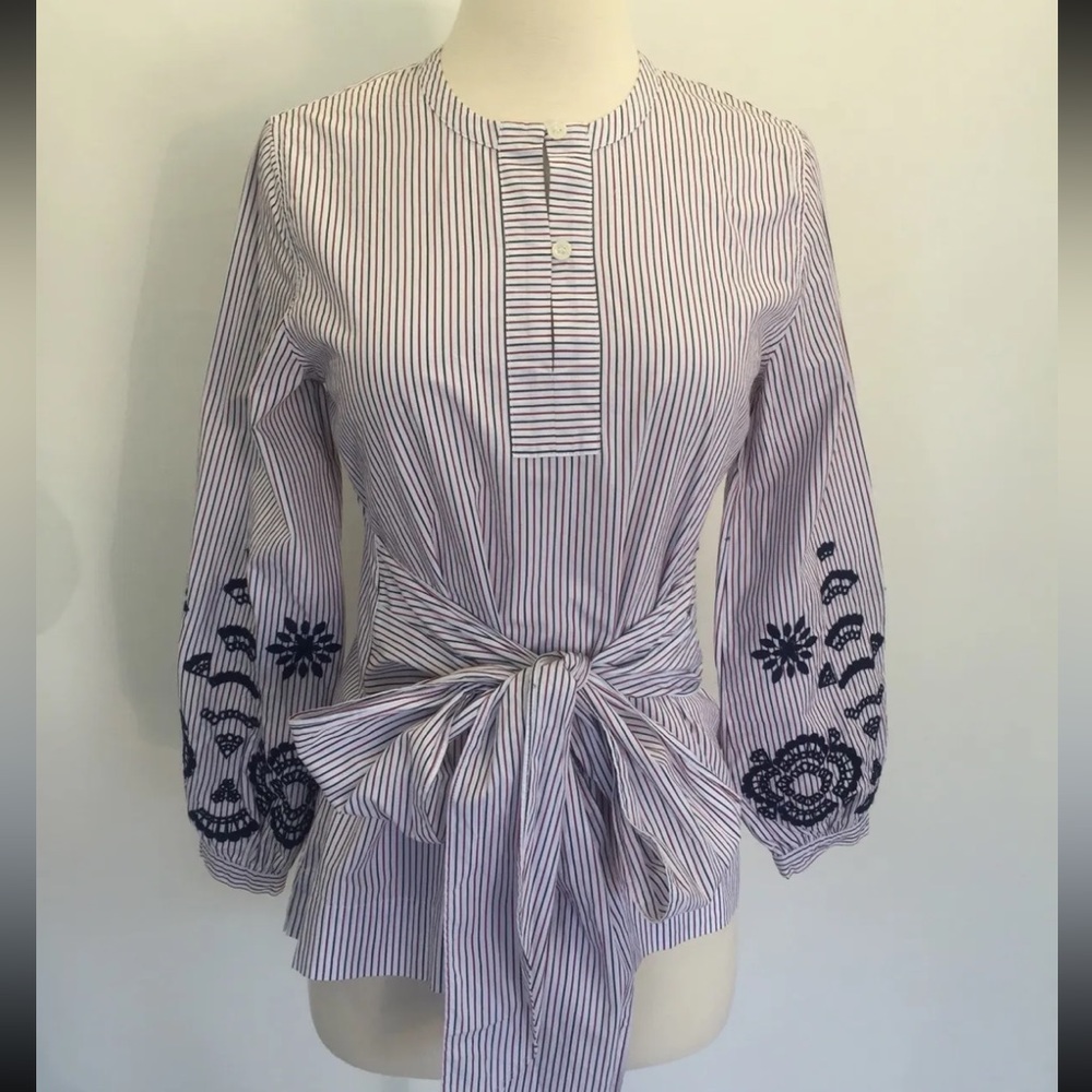 J. Crew100% Cotton Embroidered Stripe Blouse Belt XS